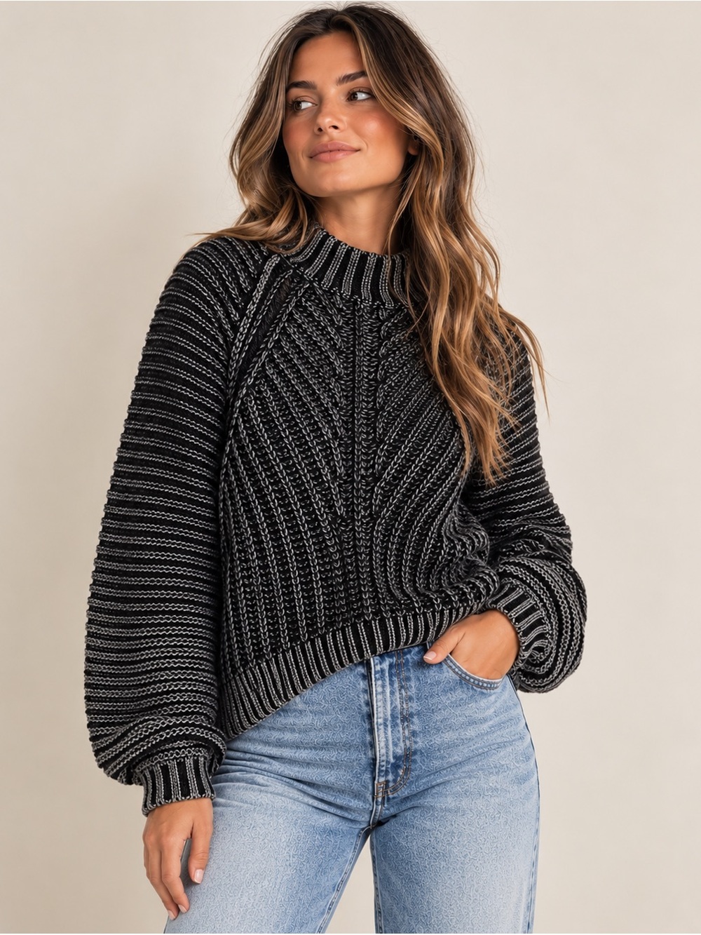 Free People Sweetheart Sweater Oversized Chunky Ribbed Knit Mock Neck Black